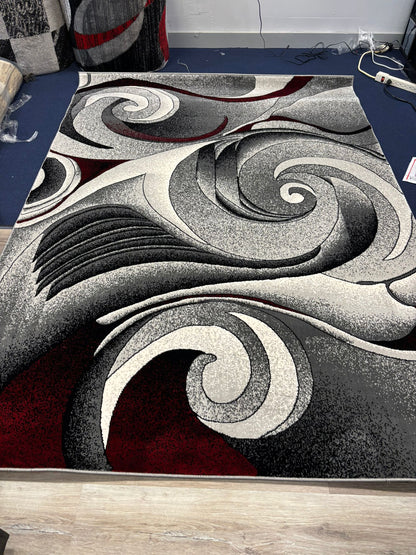 Modern Abstract Swirl Rug – Black, Grey, White & Red | Bold Contemporary Area Rug | Free USA Shipping