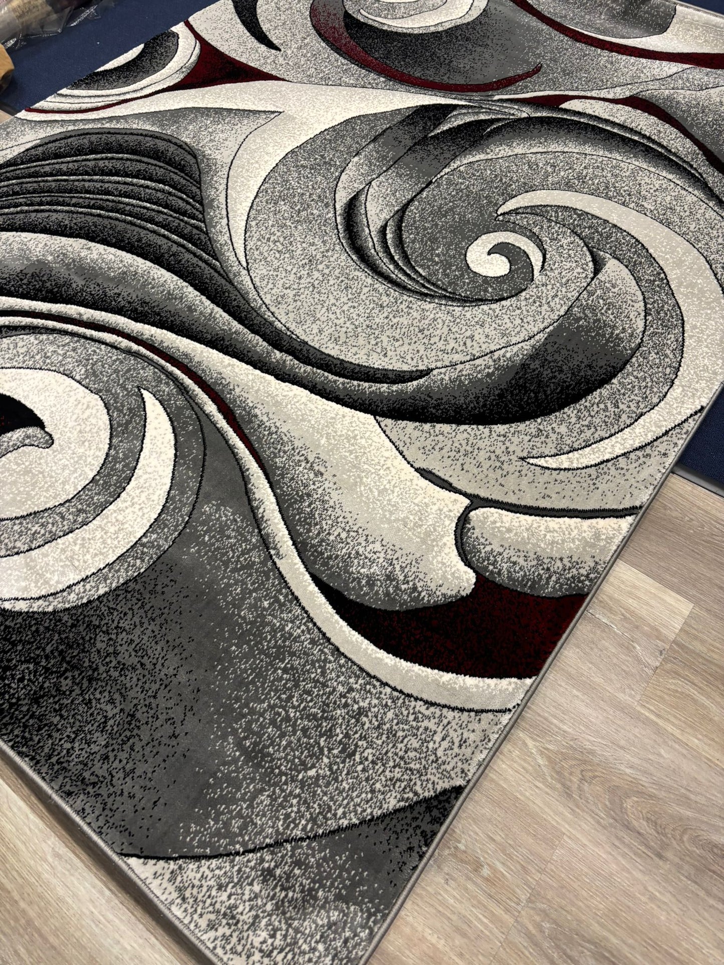 Modern Abstract Swirl Rug – Black, Grey, White & Red | Bold Contemporary Area Rug | Free USA Shipping