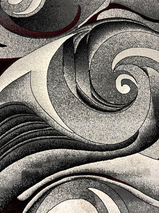Modern Abstract Swirl Rug – Black, Grey, White & Red | Bold Contemporary Area Rug | Free USA Shipping