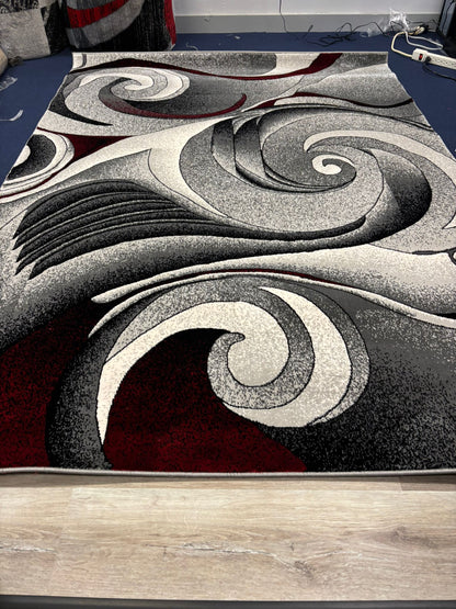 Modern Abstract Swirl Rug – Black, Grey, White & Red | Bold Contemporary Area Rug | Free USA Shipping