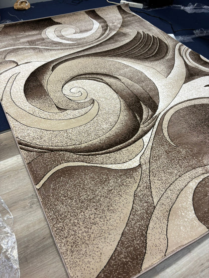 Modern Swirl Pattern Rug – Beige, Brown & Cream Abstract Design | Soft Texture | Free USA Shipping