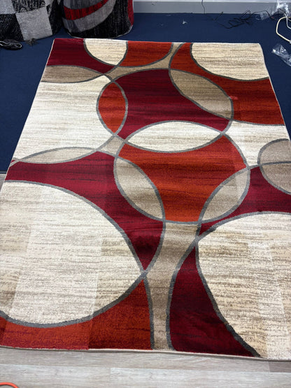 Modern Geometric Circle Rug – Red, Beige & Brown Contemporary Design | Durable & Stylish | Free USA Shipping