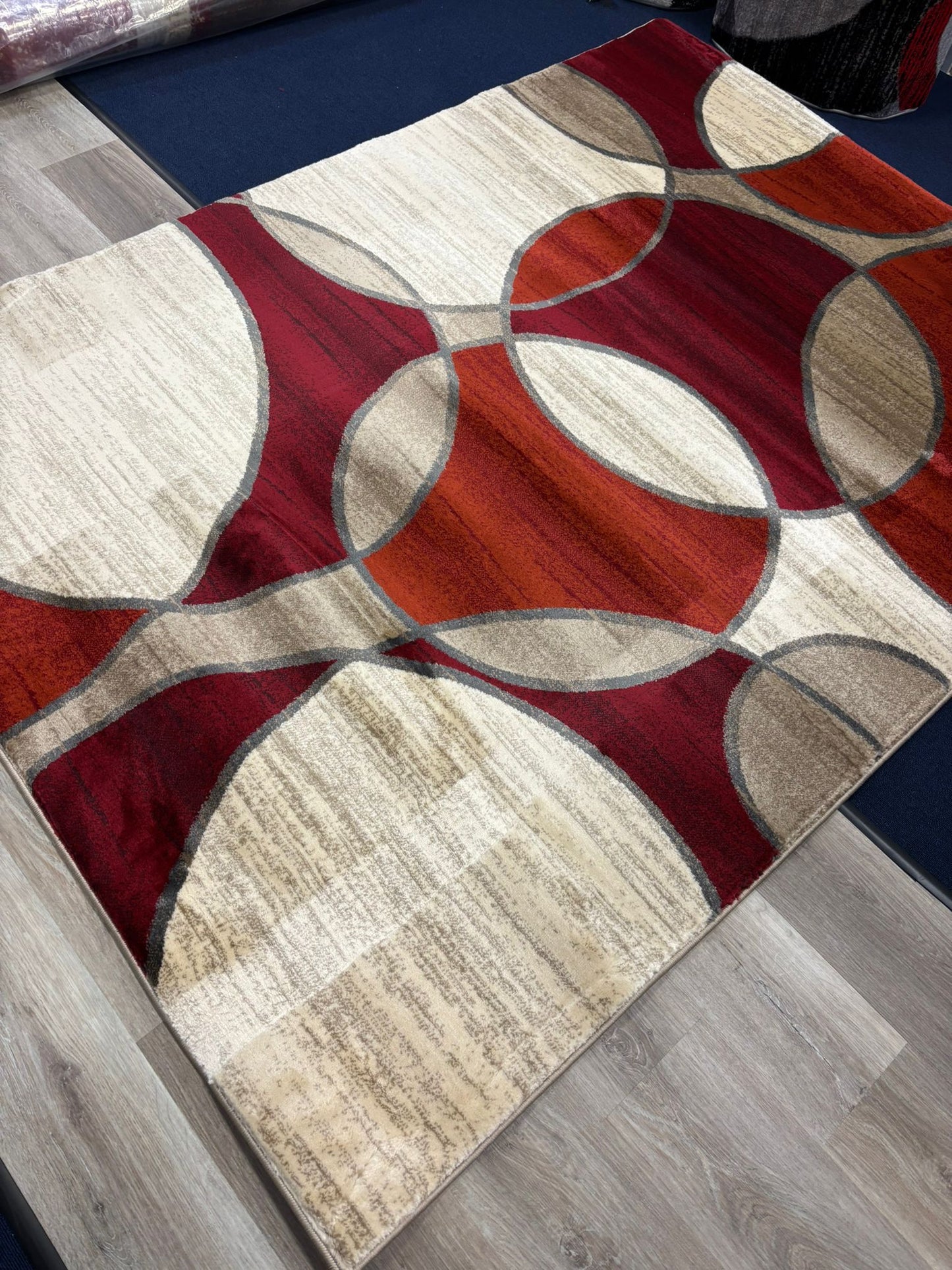 Modern Geometric Circle Rug – Red, Beige & Brown Contemporary Design | Durable & Stylish | Free USA Shipping