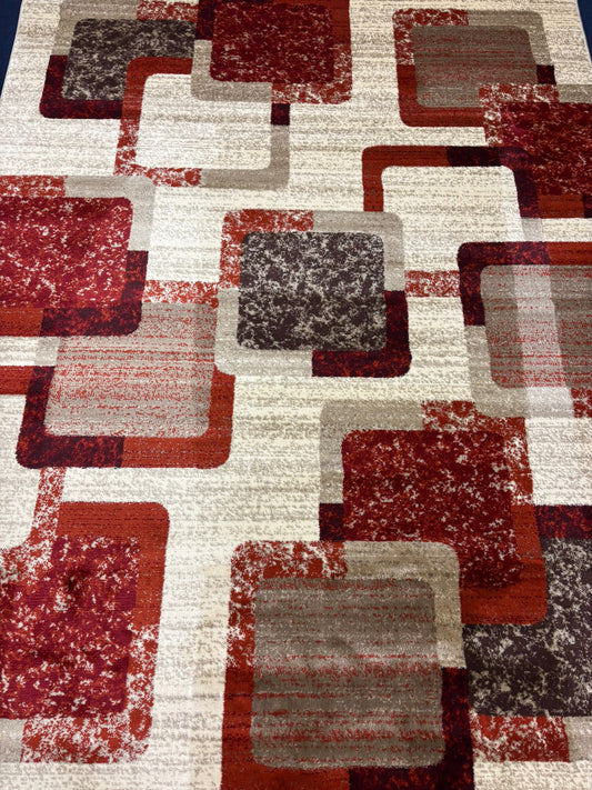 Modern Geometric Block Rug – Red, Grey & Beige Square Pattern | Stylish Contemporary Area Rug | Free USA Shipping