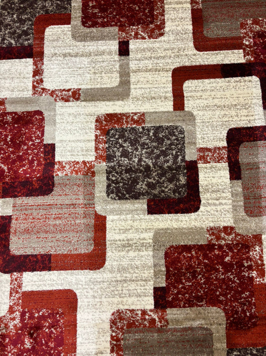 Modern Geometric Block Rug – Red, Grey & Beige Square Pattern | Stylish Contemporary Area Rug | Free USA Shipping