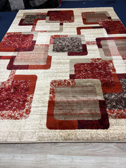 Modern Geometric Block Rug – Red, Grey & Beige Square Pattern | Stylish Contemporary Area Rug | Free USA Shipping