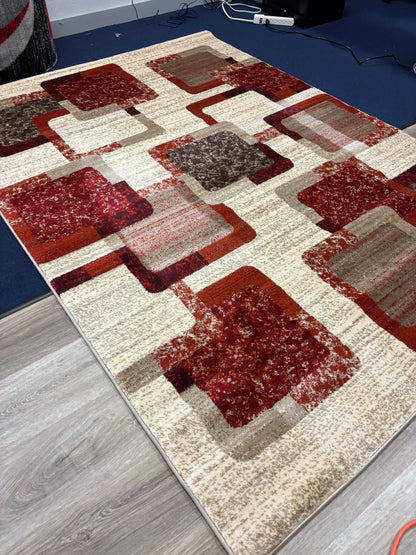 Modern Geometric Block Rug – Red, Grey & Beige Square Pattern | Stylish Contemporary Area Rug | Free USA Shipping