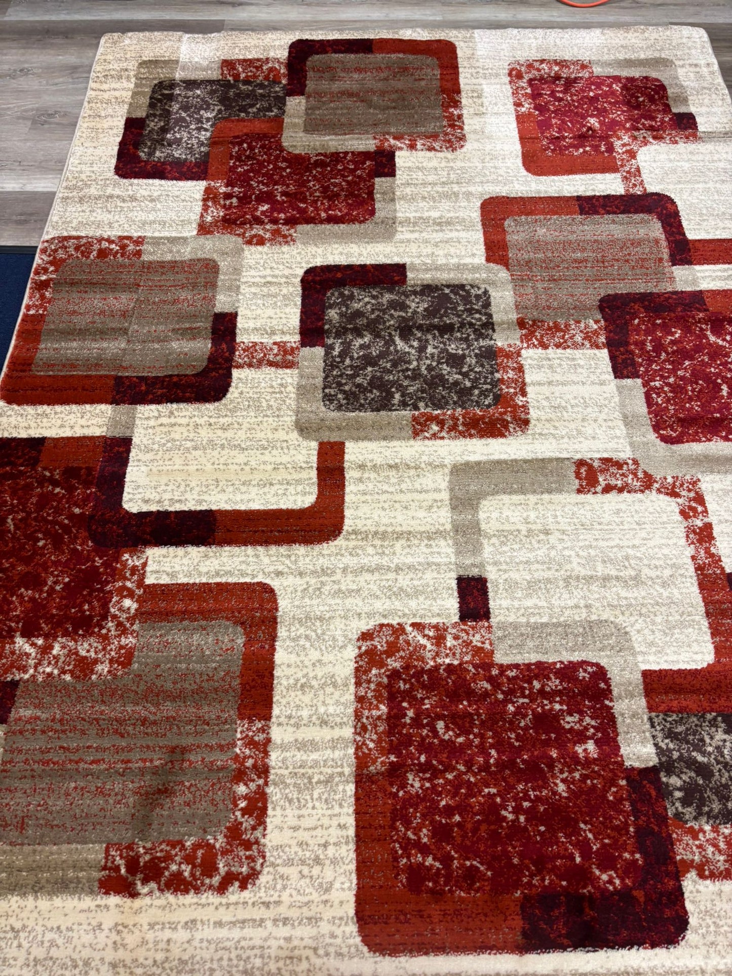 Modern Geometric Block Rug – Red, Grey & Beige Square Pattern | Stylish Contemporary Area Rug | Free USA Shipping