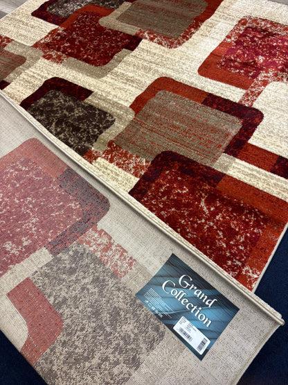 Modern Geometric Block Rug – Red, Grey & Beige Square Pattern | Stylish Contemporary Area Rug | Free USA Shipping