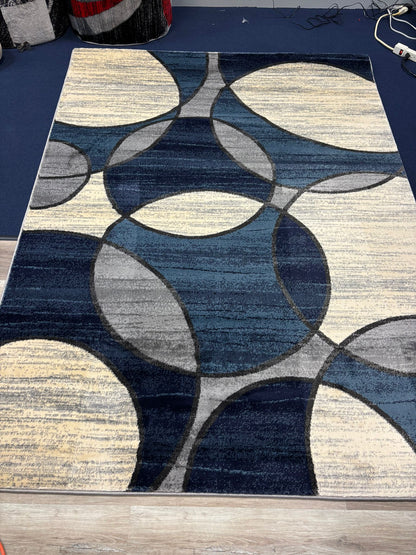 Modern Blue Geometric Circle Rug – Navy, Grey & Cream Contemporary Design | Soft & Durable | Free USA Shipping