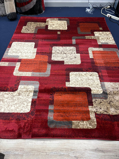 Modern Red Geometric Squares Rug – Warm Contemporary Design with Orange, Cream & Grey | Durable & Soft | Fast Free Shipping