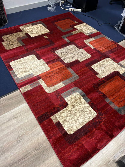 Modern Red Geometric Squares Rug – Warm Contemporary Design with Orange, Cream & Grey | Durable & Soft | Fast Free Shipping