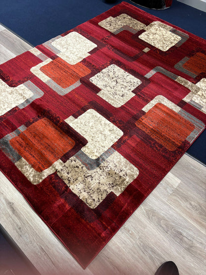 Modern Red Geometric Squares Rug – Warm Contemporary Design with Orange, Cream & Grey | Durable & Soft | Fast Free Shipping