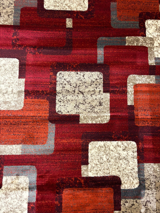 Modern Red Geometric Squares Rug – Warm Contemporary Design with Orange, Cream & Grey | Durable & Soft | Fast Free Shipping