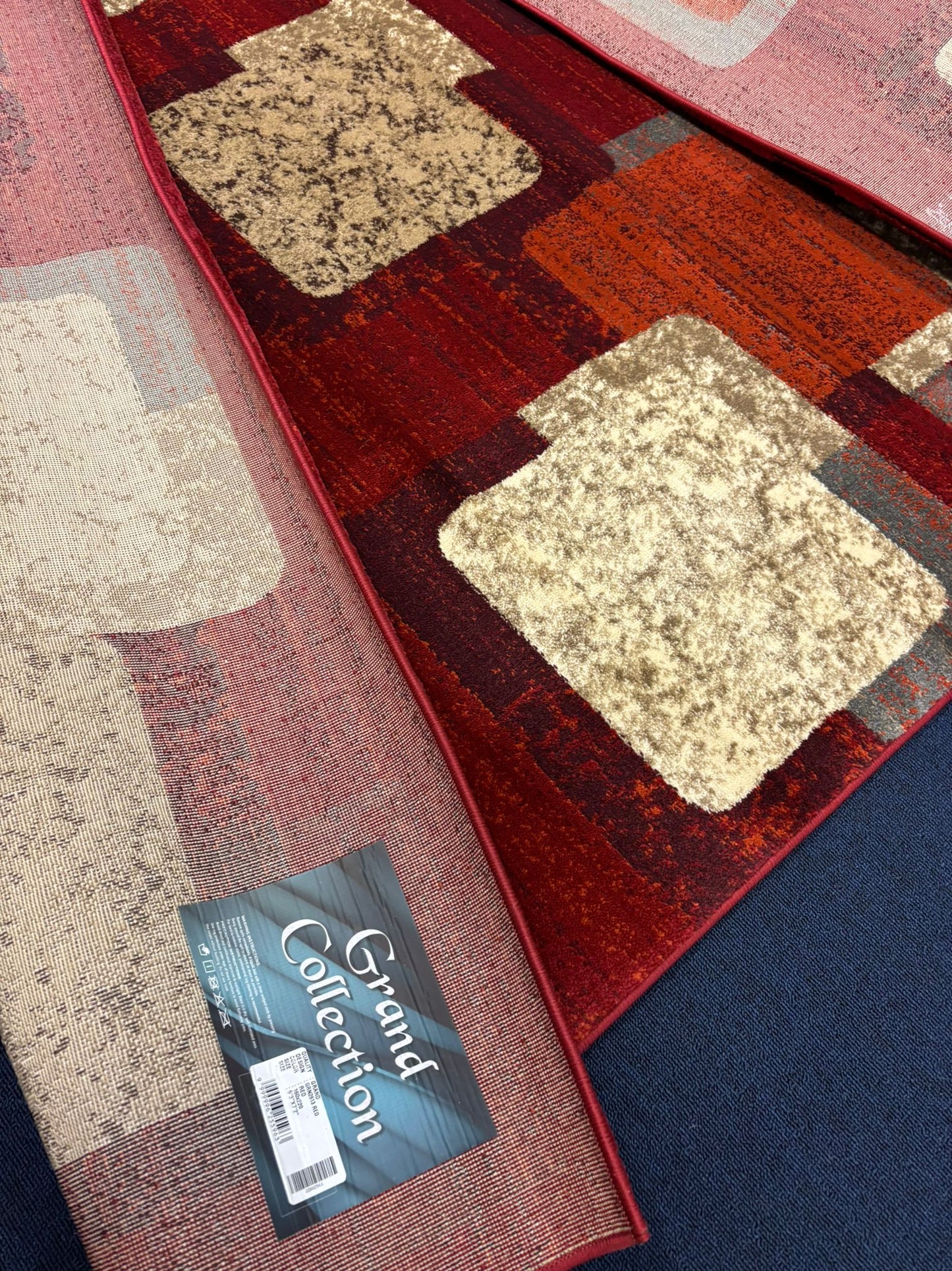 Modern Red Geometric Squares Rug – Warm Contemporary Design with Orange, Cream & Grey | Durable & Soft | Fast Free Shipping