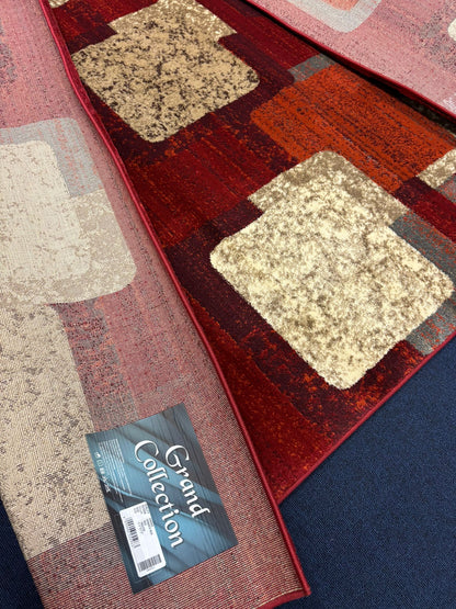 Modern Red Geometric Squares Rug – Warm Contemporary Design with Orange, Cream & Grey | Durable & Soft | Fast Free Shipping