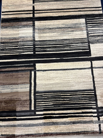 Modern Beige & Black Stripe Rug – Minimalist Geometric Area Rug for Living Room or Office | Neutral Tones | Fast US Shipping