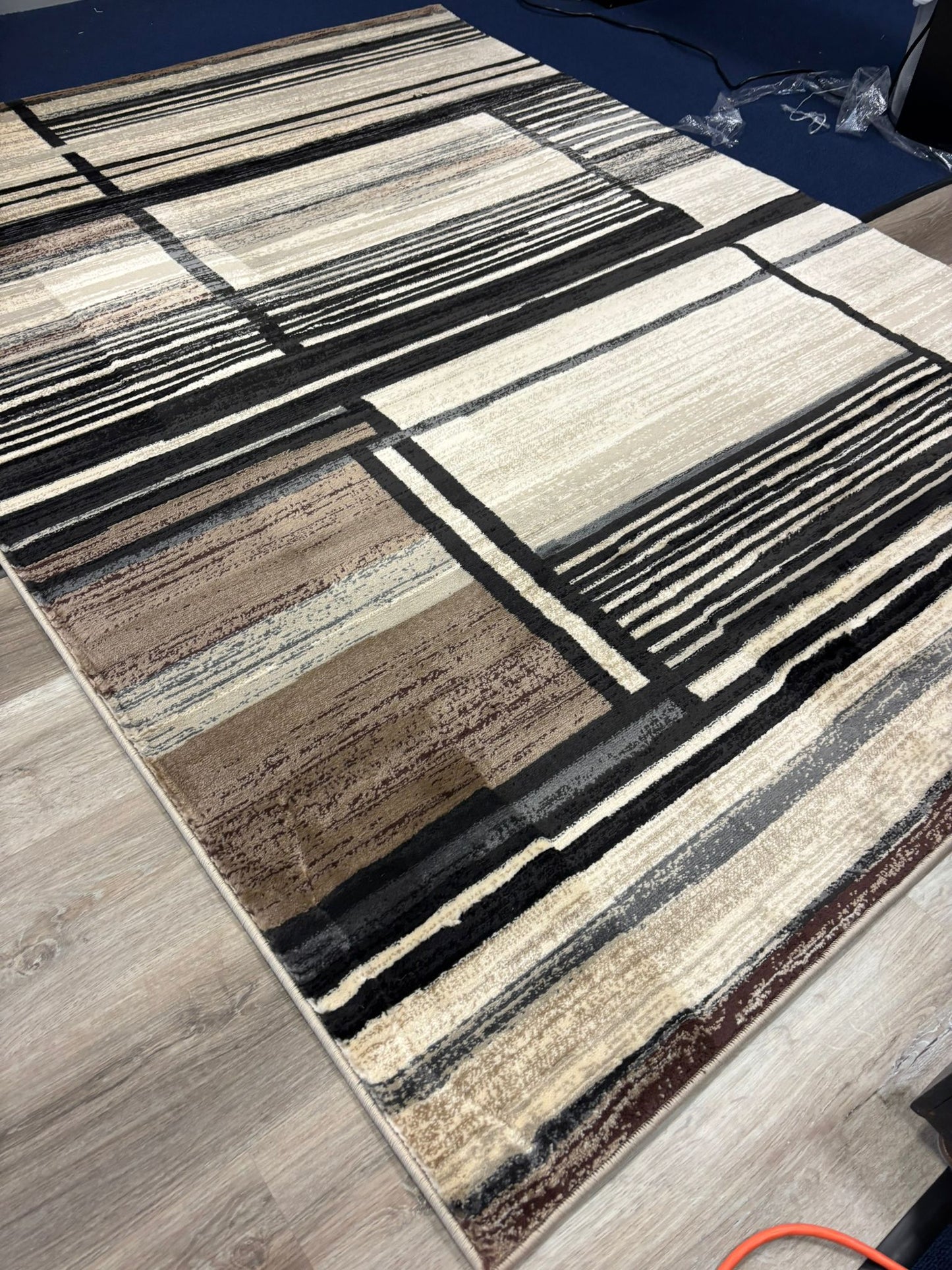 Modern Beige & Black Stripe Rug – Minimalist Geometric Area Rug for Living Room or Office | Neutral Tones | Fast US Shipping