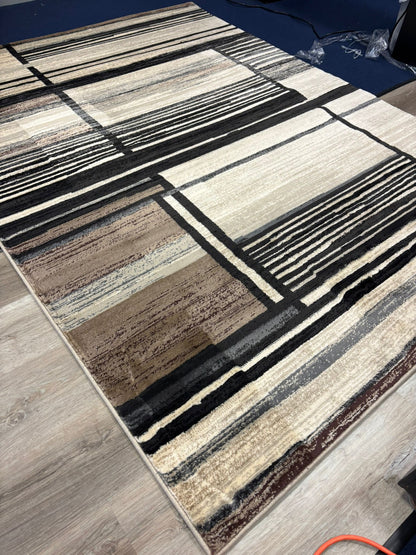 Modern Beige & Black Stripe Rug – Minimalist Geometric Area Rug for Living Room or Office | Neutral Tones | Fast US Shipping
