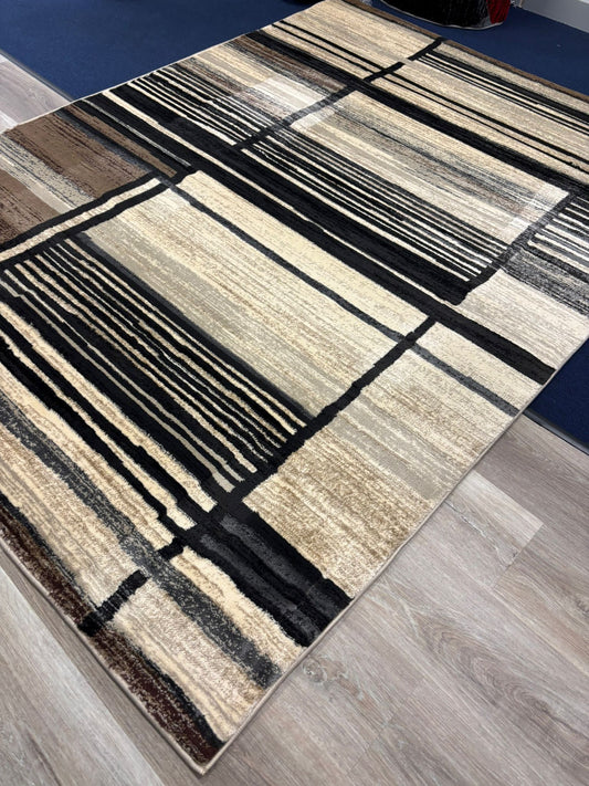 Modern Beige & Black Stripe Rug – Minimalist Geometric Area Rug for Living Room or Office | Neutral Tones | Fast US Shipping
