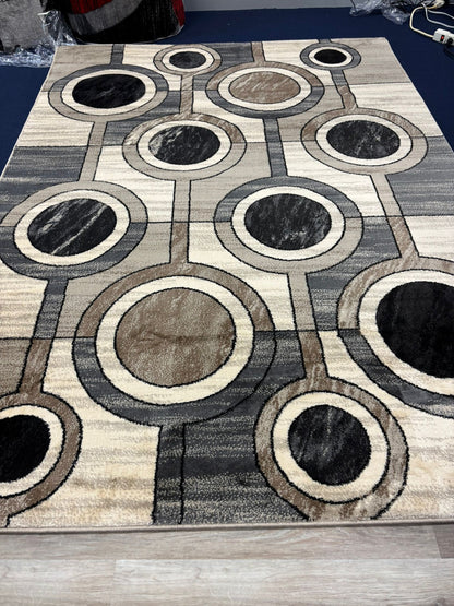 Modern Geometric Circle Rug – Black, Grey & Beige Abstract Area Rug | Contemporary Neutral Decor