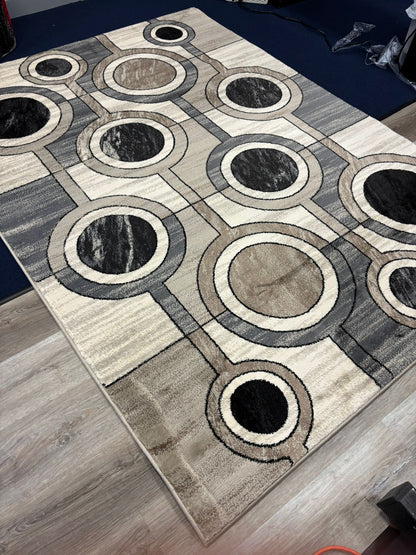 Modern Geometric Circle Rug – Black, Grey & Beige Abstract Area Rug | Contemporary Neutral Decor