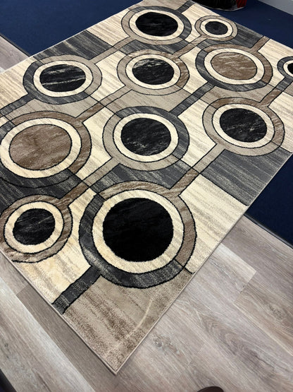 Modern Geometric Circle Rug – Black, Grey & Beige Abstract Area Rug | Contemporary Neutral Decor