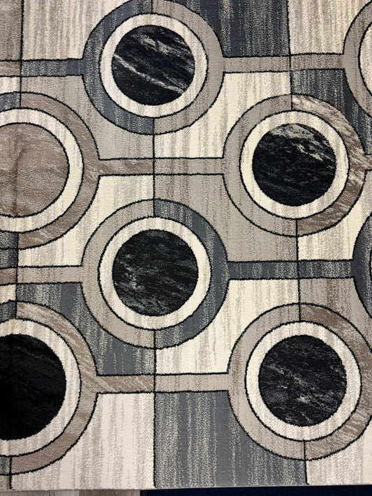 Modern Geometric Circle Rug – Black, Grey & Beige Abstract Area Rug | Contemporary Neutral Decor