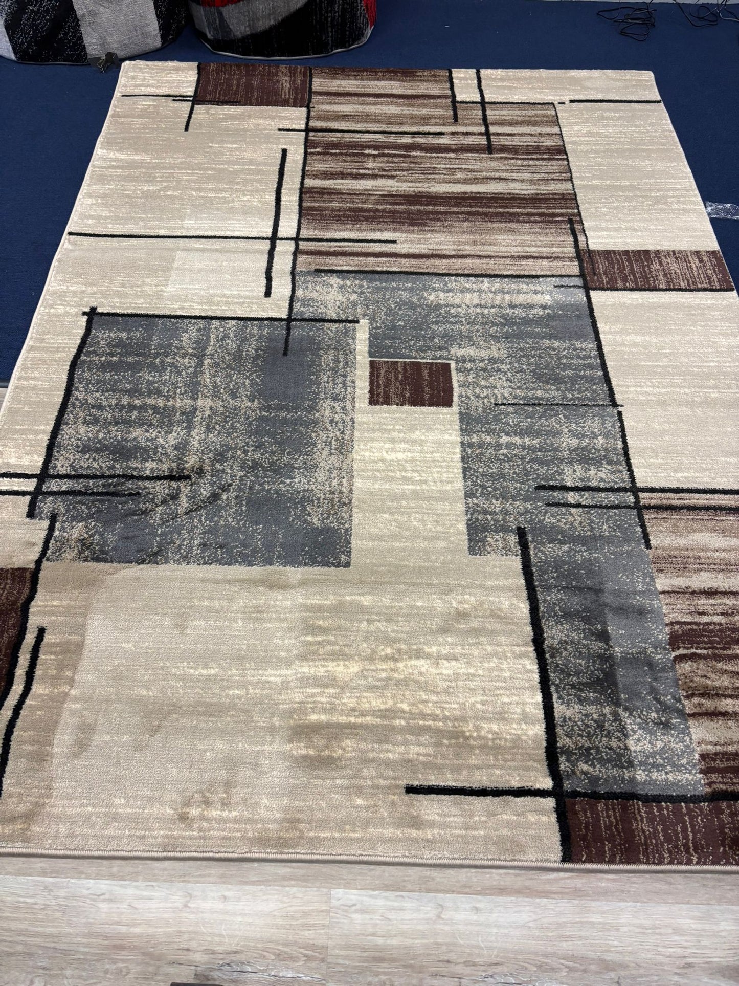 Modern Minimalist Area Rug – Beige, Grey & Brown Linear Design | Abstract Contemporary Carpet