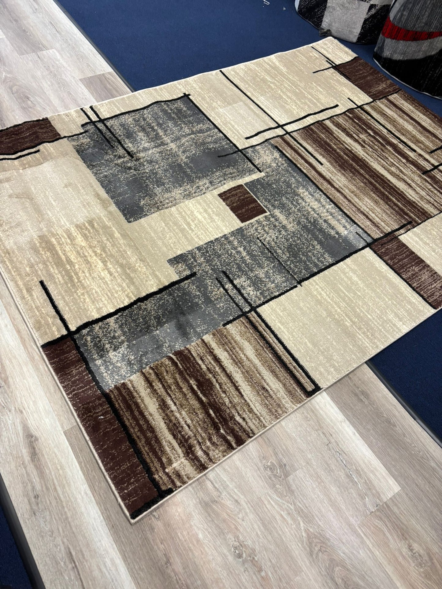 Modern Minimalist Area Rug – Beige, Grey & Brown Linear Design | Abstract Contemporary Carpet