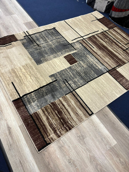 Modern Minimalist Area Rug – Beige, Grey & Brown Linear Design | Abstract Contemporary Carpet