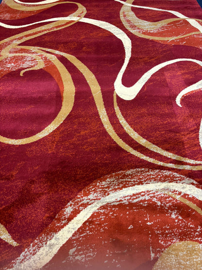 Red Abstract Swirl Area Rug – Modern Curvy Pattern in Gold & Cream