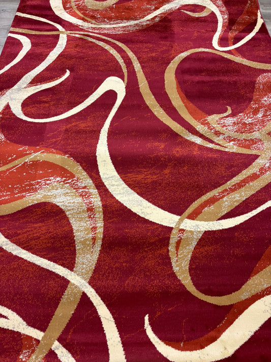 Red Abstract Swirl Area Rug – Modern Curvy Pattern in Gold & Cream