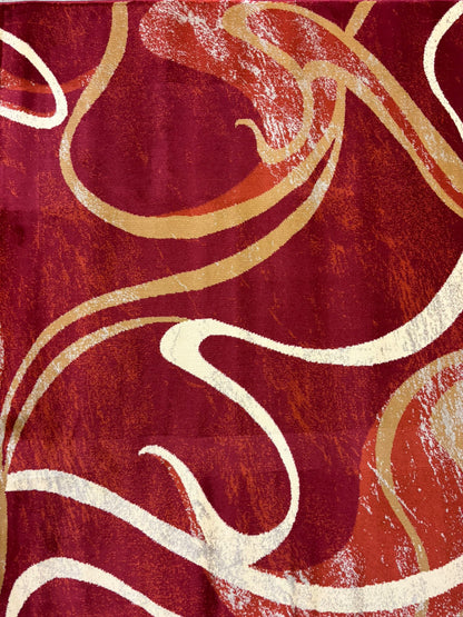 Red Abstract Swirl Area Rug – Modern Curvy Pattern in Gold & Cream