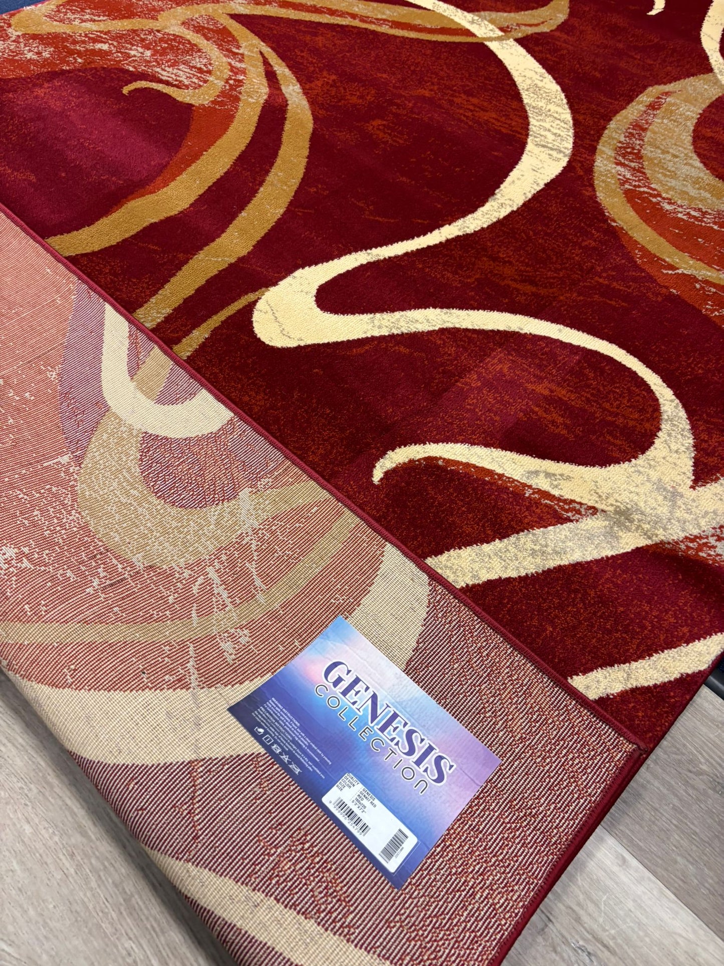 Red Abstract Swirl Area Rug – Modern Curvy Pattern in Gold & Cream