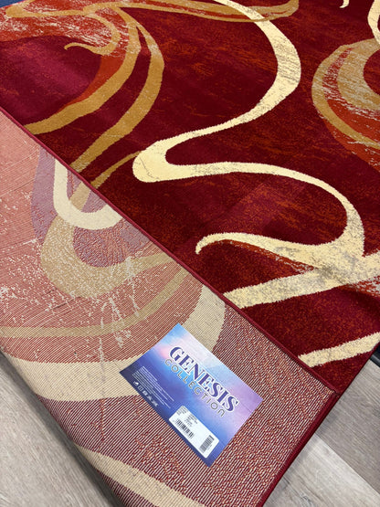 Red Abstract Swirl Area Rug – Modern Curvy Pattern in Gold & Cream