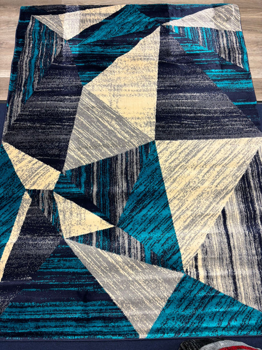 Geometric Blue Area Rug – Modern Triangles in Navy, Grey & Cream