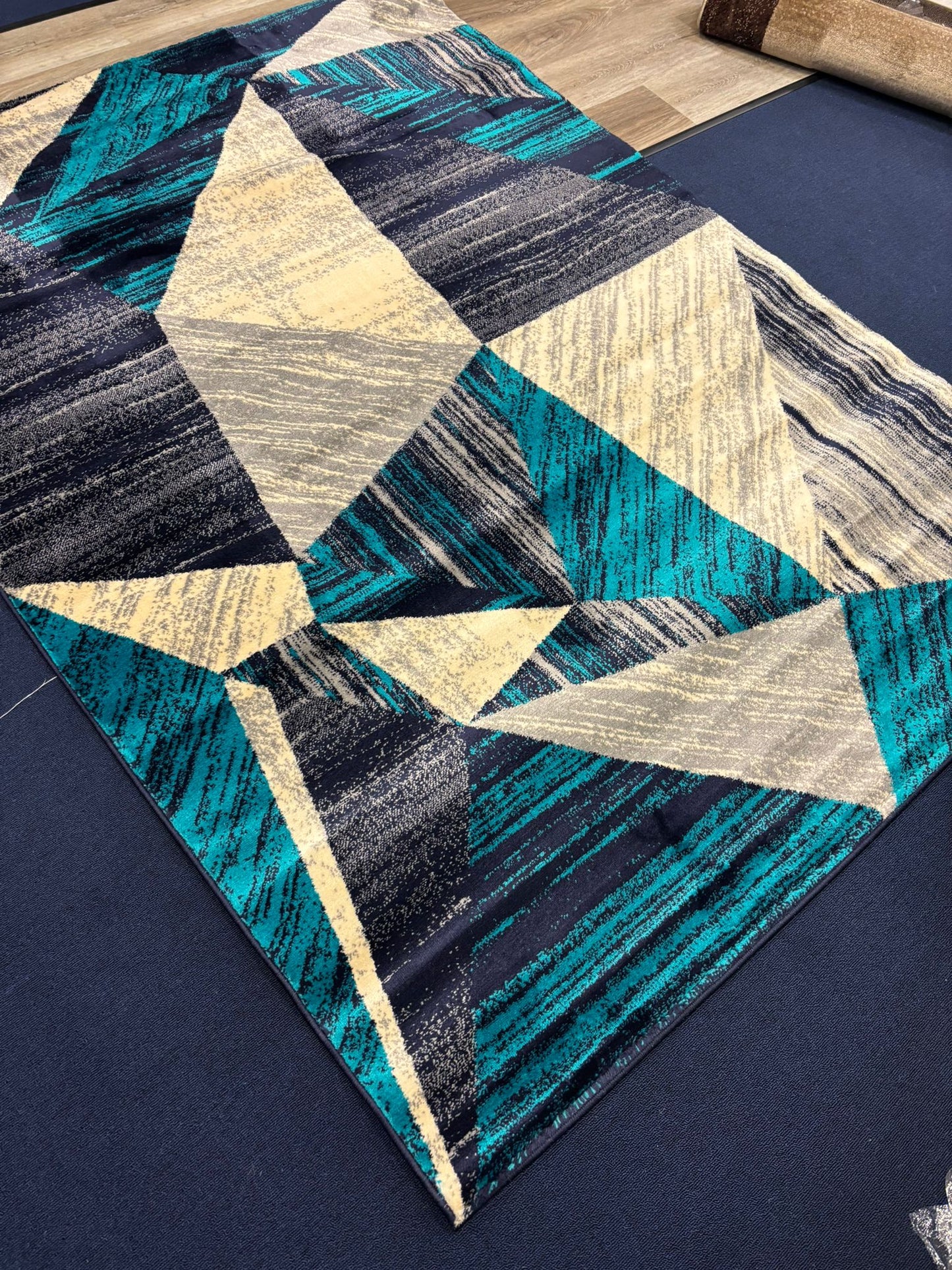 Geometric Blue Area Rug – Modern Triangles in Navy, Grey & Cream