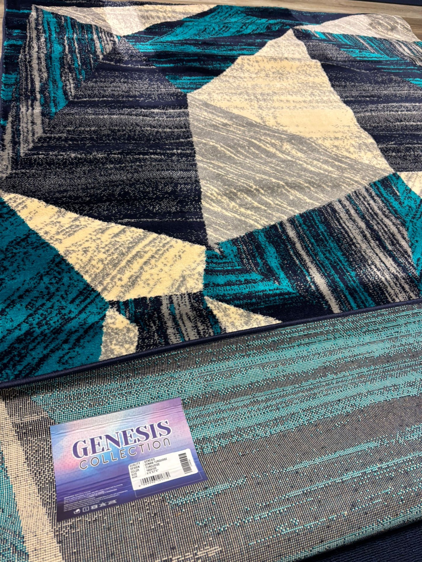 Geometric Blue Area Rug – Modern Triangles in Navy, Grey & Cream