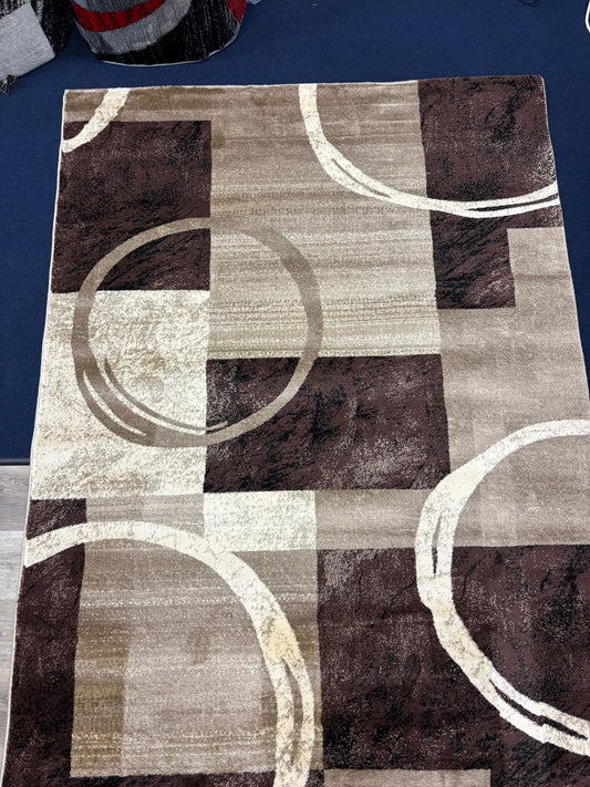 Modern Brown & Beige Circle Checkered Rug – Abstract Living Room Carpet