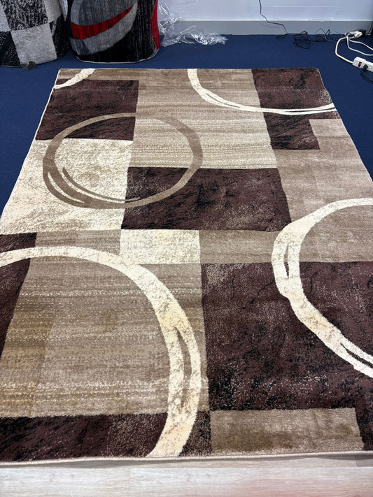 Modern Brown & Beige Circle Checkered Rug – Abstract Living Room Carpet