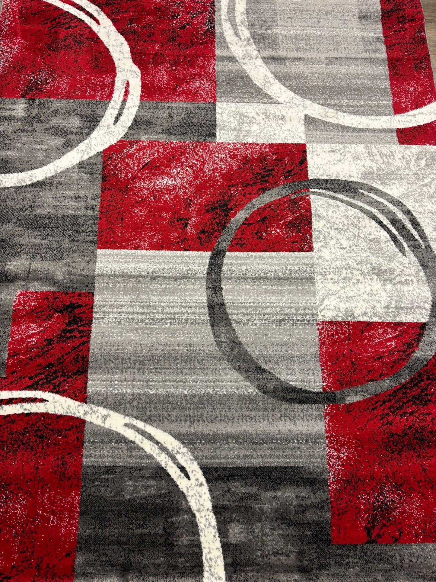 Red & Gray Modern Geometric Circle Rug – Abstract Living Room Carpet