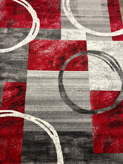 Red & Gray Modern Geometric Circle Rug – Abstract Living Room Carpet