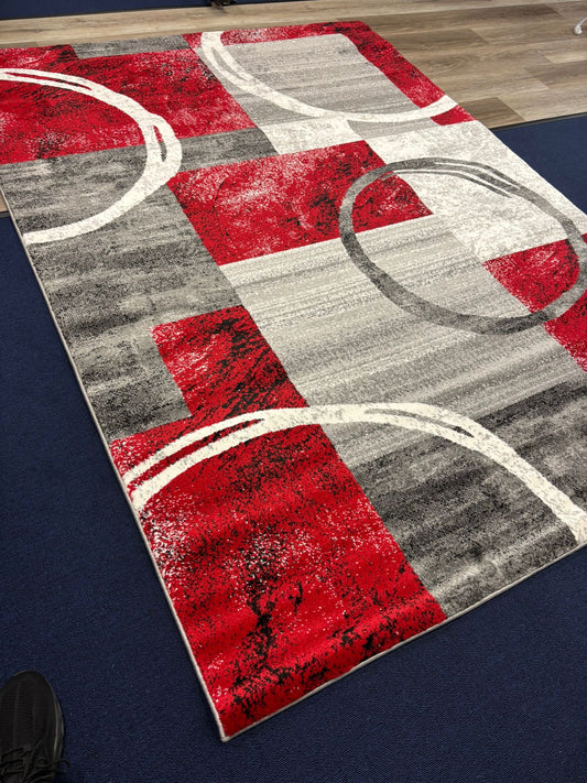 Red & Gray Modern Geometric Circle Rug – Abstract Living Room Carpet