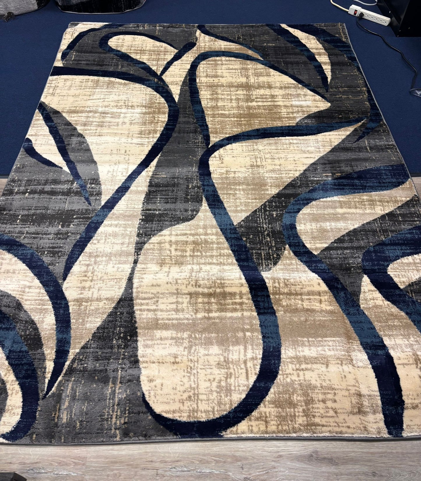 Modern Abstract Wave Pattern Rug – Grey, Black & Navy Area Carpet