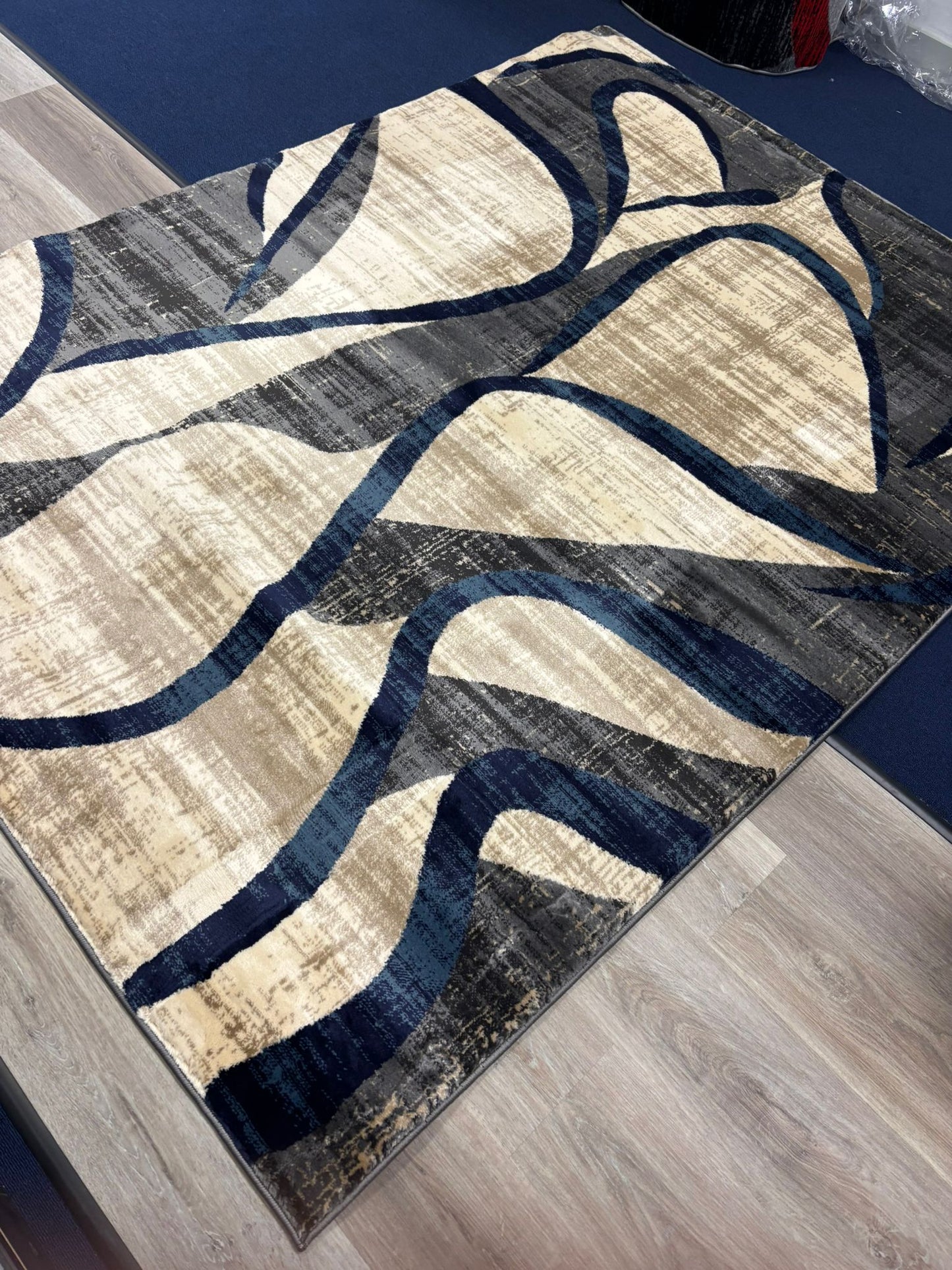 Modern Abstract Wave Pattern Rug – Grey, Black & Navy Area Carpet