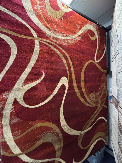 Red Abstract Swirl Area Rug – Modern Curvy Pattern in Gold & Cream