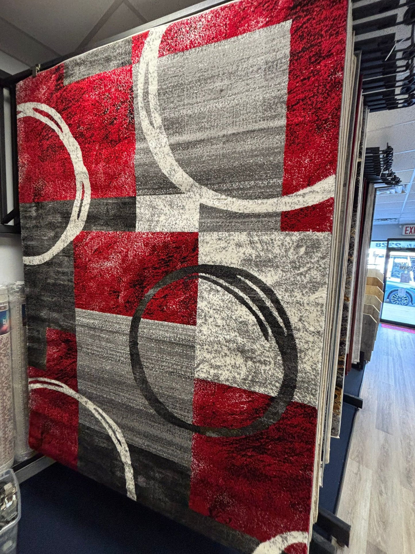 Red & Gray Modern Geometric Circle Rug – Abstract Living Room Carpet