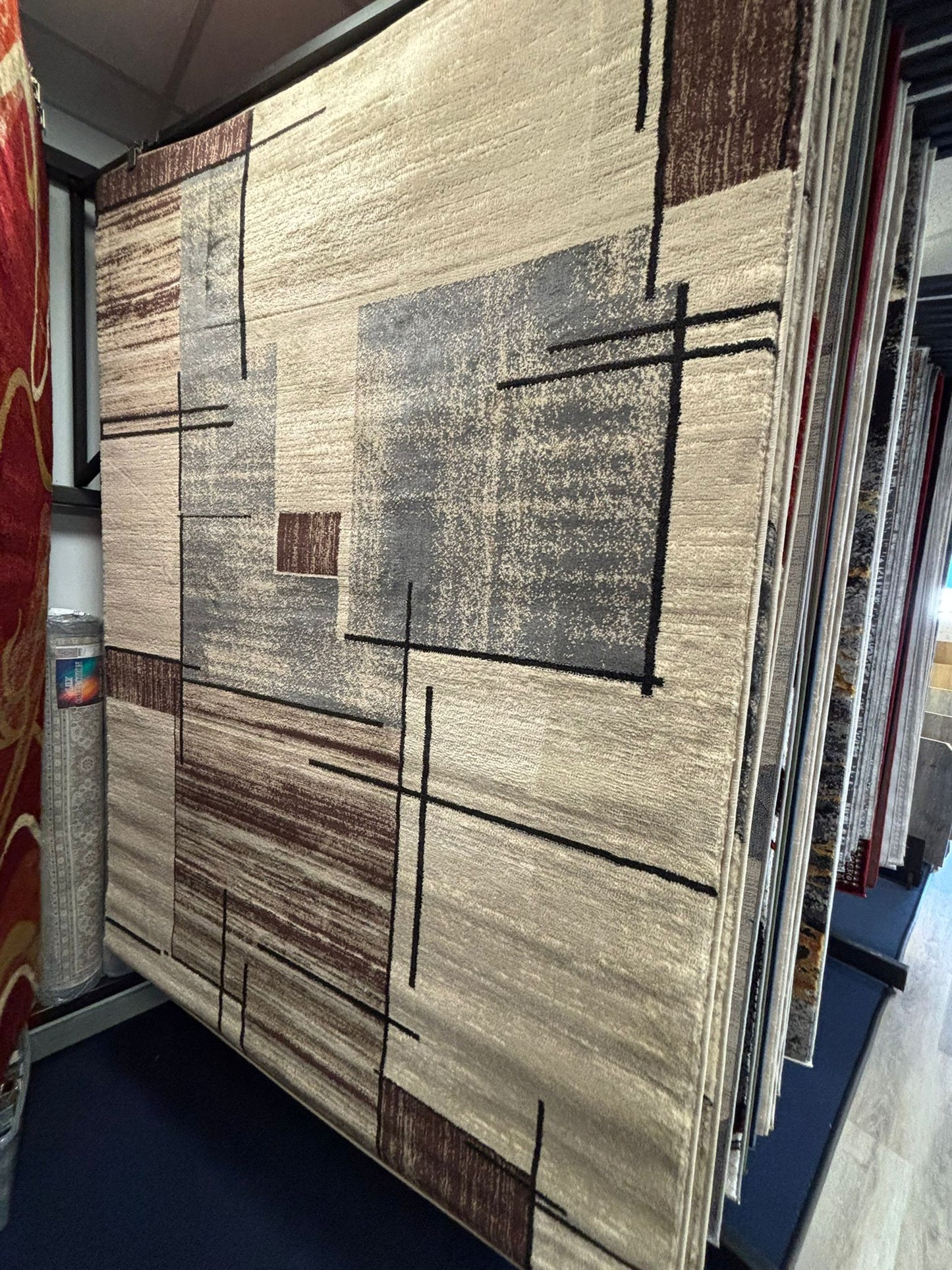 Modern Minimalist Area Rug – Beige, Grey & Brown Linear Design | Abstract Contemporary Carpet