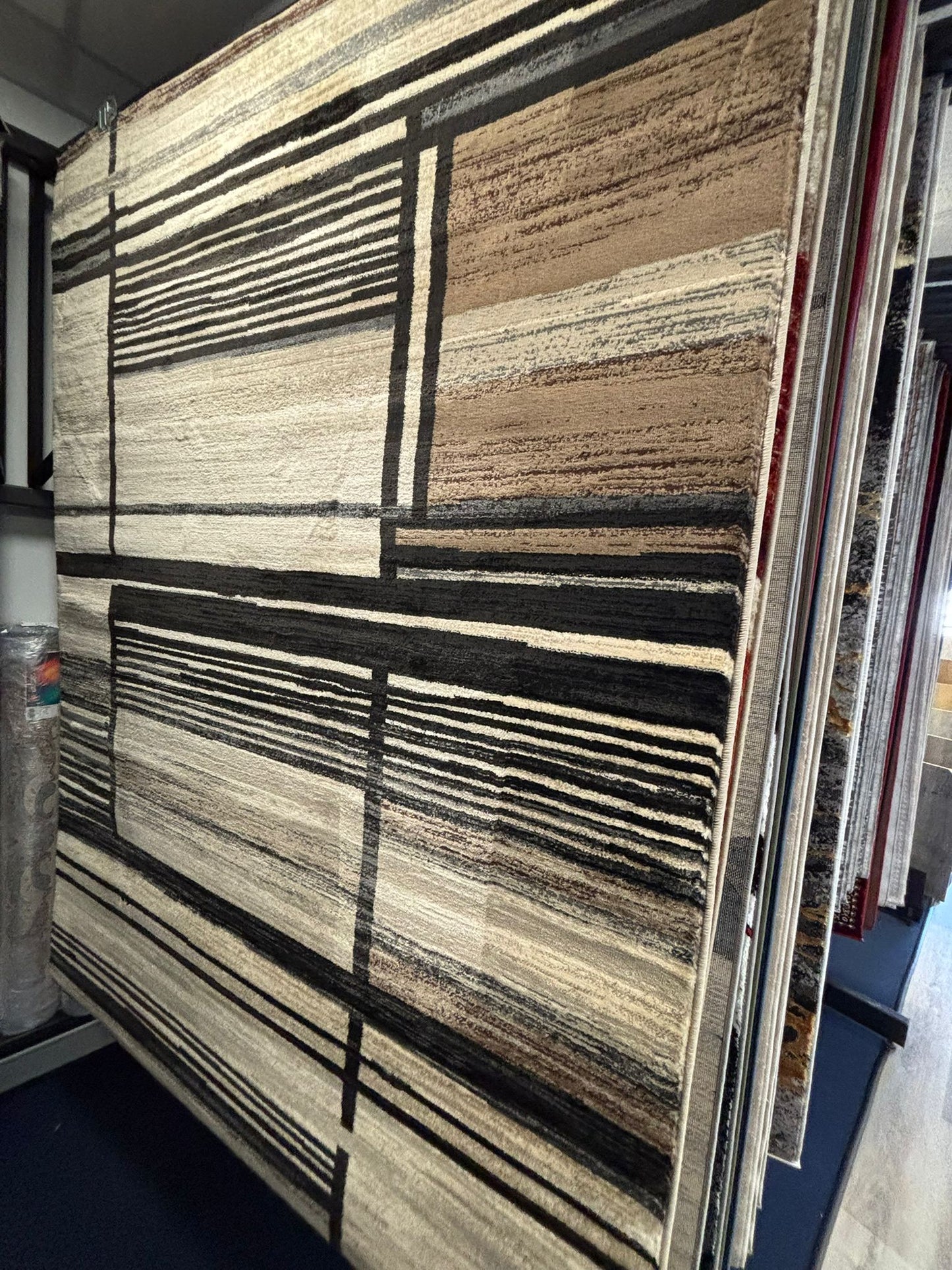 Modern Beige & Black Stripe Rug – Minimalist Geometric Area Rug for Living Room or Office | Neutral Tones | Fast US Shipping